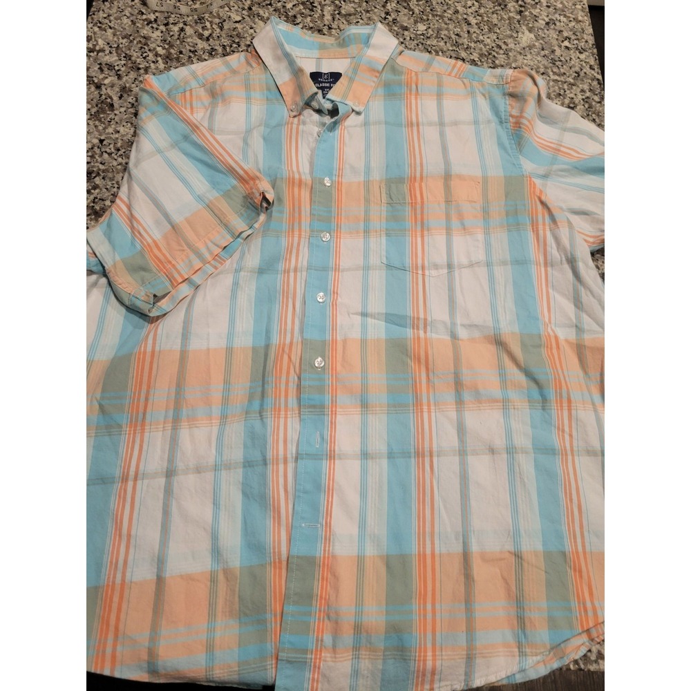 George Shirt Mens 3XL Classic Fit Short Sleeve‎ Plaid Button Down Blue Orange